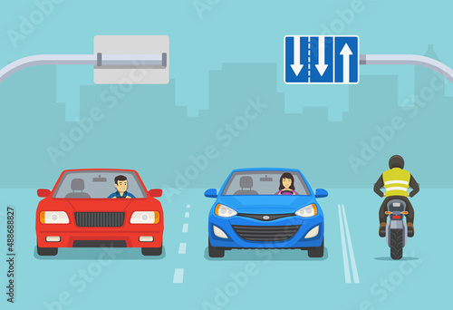 Safety car driving. Lane direction and the number of lanes on the road sign meaning. Front and back view of sedan cars and motorcycle on a blue background. Flat vector illustration template.