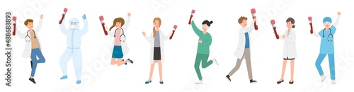 Paramedic man or woman doctor or laboratory staff composition, medical specialist with blood and test tube, doctor team concept, medical office or laboratory, cartoon vector