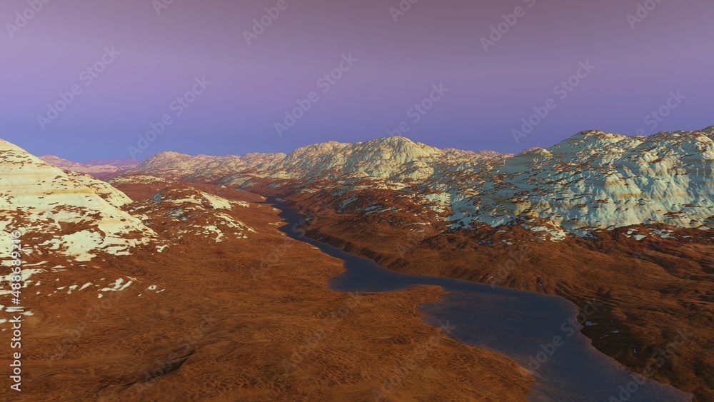 alien planet landscape sci fi spatial background, view from planet surface with spectacular sky, realistic digital illustration	
