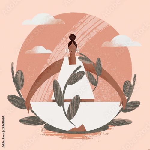 Illustration of a girl doing meditation while maintaining harmony with the nature 