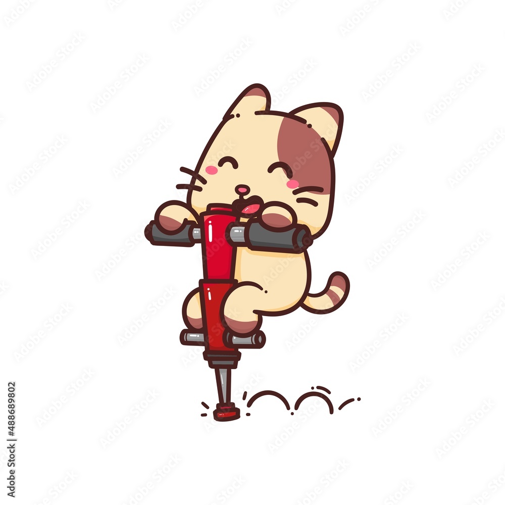 Cute Adorable Happy Brown Cat play pogo stick cartoon doodle vector