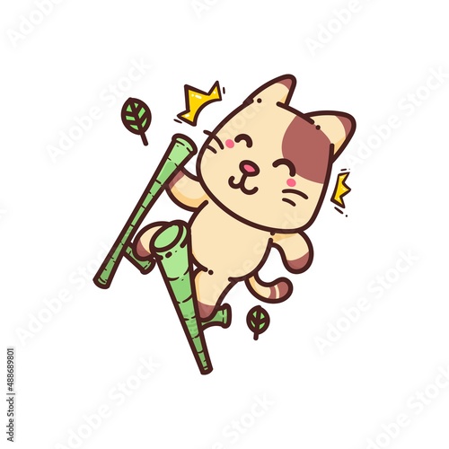 Cute Adorable Happy Brown Cat play bamboo stilts cartoon doodle vector illustration flat design style