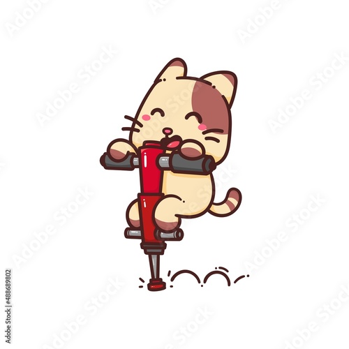 Cute Adorable Happy Brown Cat play pogo stick cartoon doodle vector illustration flat design style photo