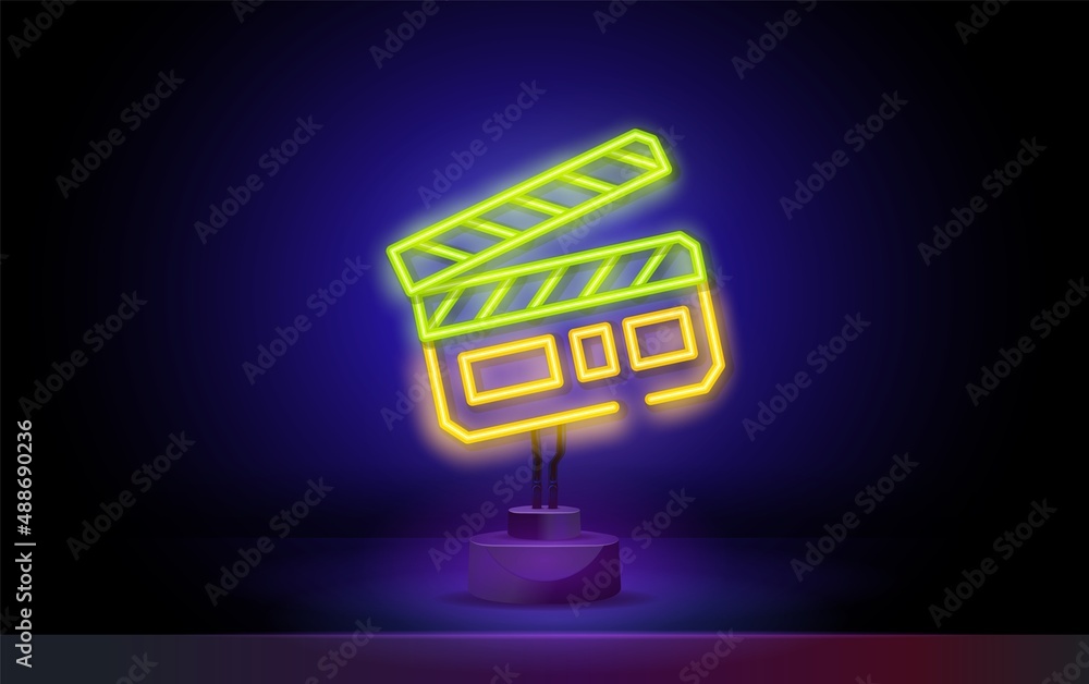 Clapper board neon sign. Neon clapperboard sign. Bright glowing ...