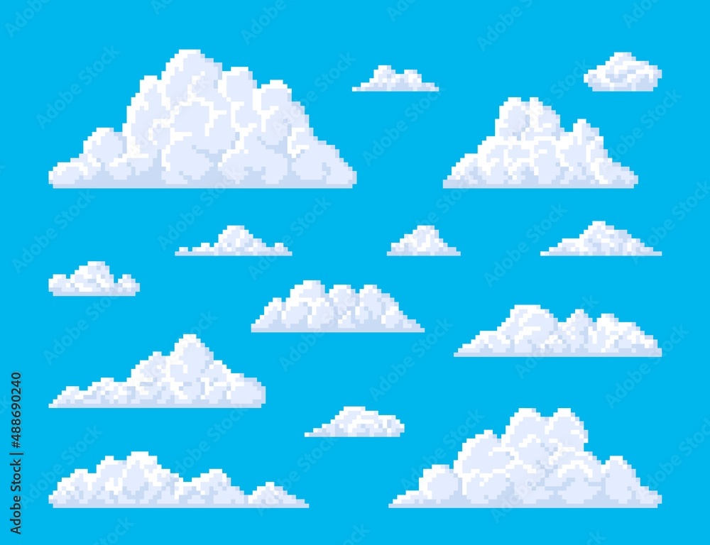 White pixel fluffy bubble clouds on blue sky background. Retro game, 8bit pixel art icons or eight-bit arcade mosaic backdrop with square pixels clouds, atmosphere or weather - obrazy, fototapety, plakaty 