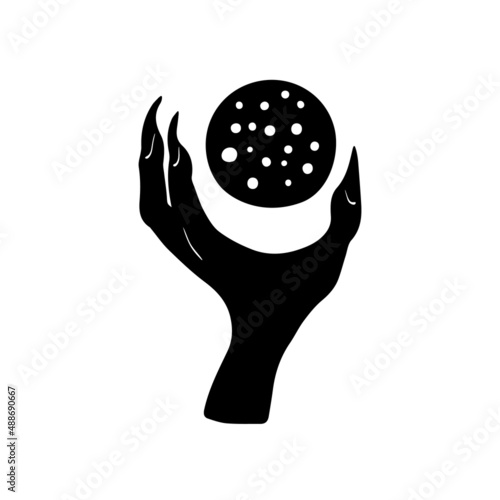 Hand-drawn vector illustration of witch hand with magic crystal ball Mystic hand with sharp nails in doodle style.Prediction.Divination.Isolated elements on white background. photo