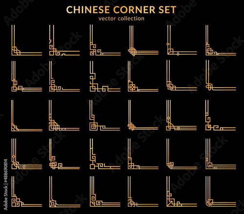 Chinese golden frame corners set of oriental asian embellishments, vector. Chinese border frames ofgold knot ornament pattern, asian line decoration for dividers and boarders