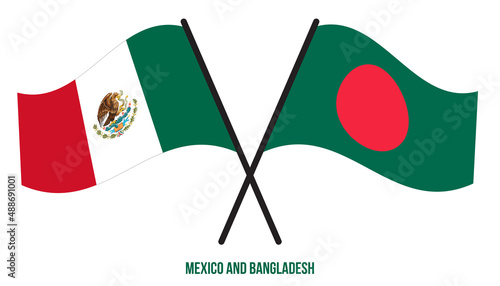 Mexico and Bangladesh Flags Crossed And Waving Flat Style. Official Proportion. Correct Colors.