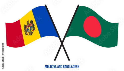 Moldova and Bangladesh Flags Crossed And Waving Flat Style. Official Proportion. Correct Colors.