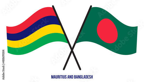 Mauritius and Bangladesh Flags Crossed And Waving Flat Style. Official Proportion. Correct Colors.