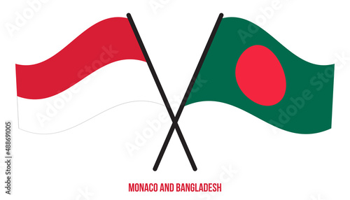 Monaco and Bangladesh Flags Crossed And Waving Flat Style. Official Proportion. Correct Colors.