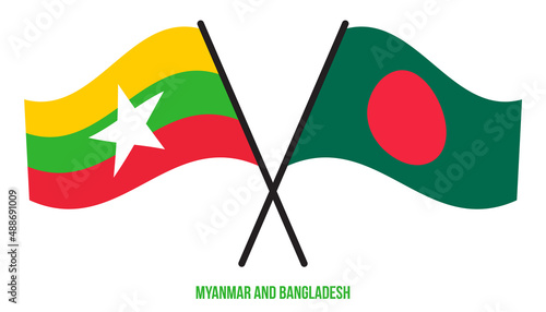 Myanmar and Bangladesh Flags Crossed And Waving Flat Style. Official Proportion. Correct Colors.