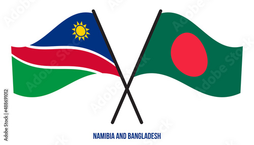 Namibia and Bangladesh Flags Crossed And Waving Flat Style. Official Proportion. Correct Colors.