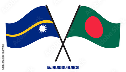 Nauru and Bangladesh Flags Crossed And Waving Flat Style. Official Proportion. Correct Colors.