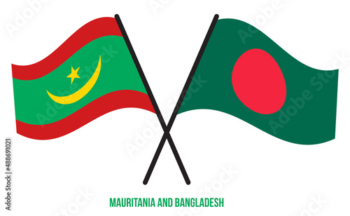 Mauritania and Bangladesh Flags Crossed And Waving Flat Style. Official Proportion. Correct Colors.