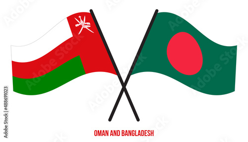 Oman and Bangladesh Flags Crossed And Waving Flat Style. Official Proportion. Correct Colors.