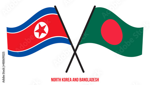 North Korea and Bangladesh Flags Crossed And Waving Flat Style. Official Proportion. Correct Colors.