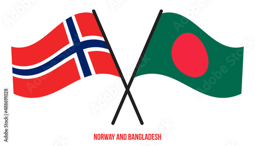 Norway and Bangladesh Flags Crossed And Waving Flat Style. Official Proportion. Correct Colors.