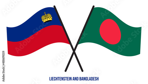 Liechtenstein and Bangladesh Flags Crossed And Waving Flat Style. Official Proportion. Correct Color