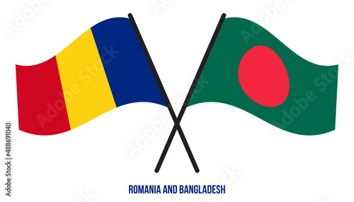 Romania and Bangladesh Flags Crossed And Waving Flat Style. Official Proportion. Correct Colors.