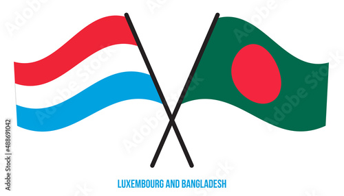 Luxembourg and Bangladesh Flags Crossed And Waving Flat Style. Official Proportion. Correct Colors.