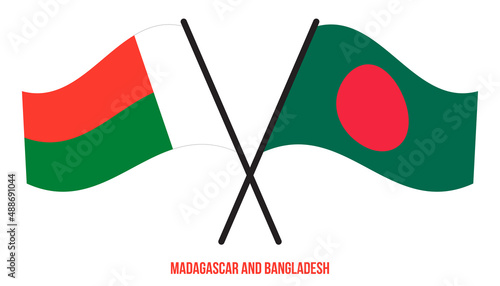 Madagascar and Bangladesh Flags Crossed And Waving Flat Style. Official Proportion. Correct Colors.