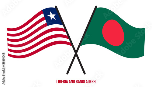 Liberia and Bangladesh Flags Crossed And Waving Flat Style. Official Proportion. Correct Colors.