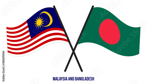 Malaysia and Bangladesh Flags Crossed And Waving Flat Style. Official Proportion. Correct Colors.