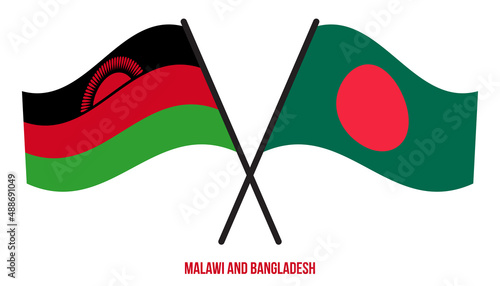 Malawi and Bangladesh Flags Crossed And Waving Flat Style. Official Proportion. Correct Colors.