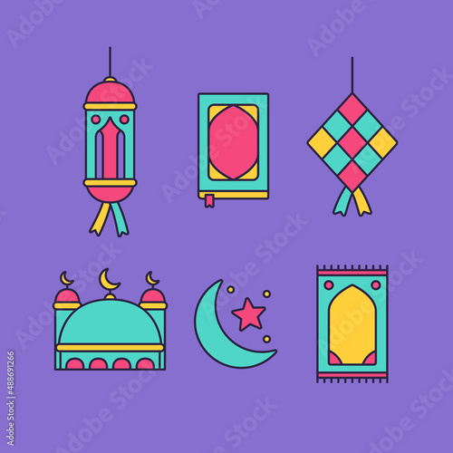 ramadhan icon set in 90s trendy color style with lantern lamp, al quran book, ketupat, mosque, prayer mat, and crescent moon