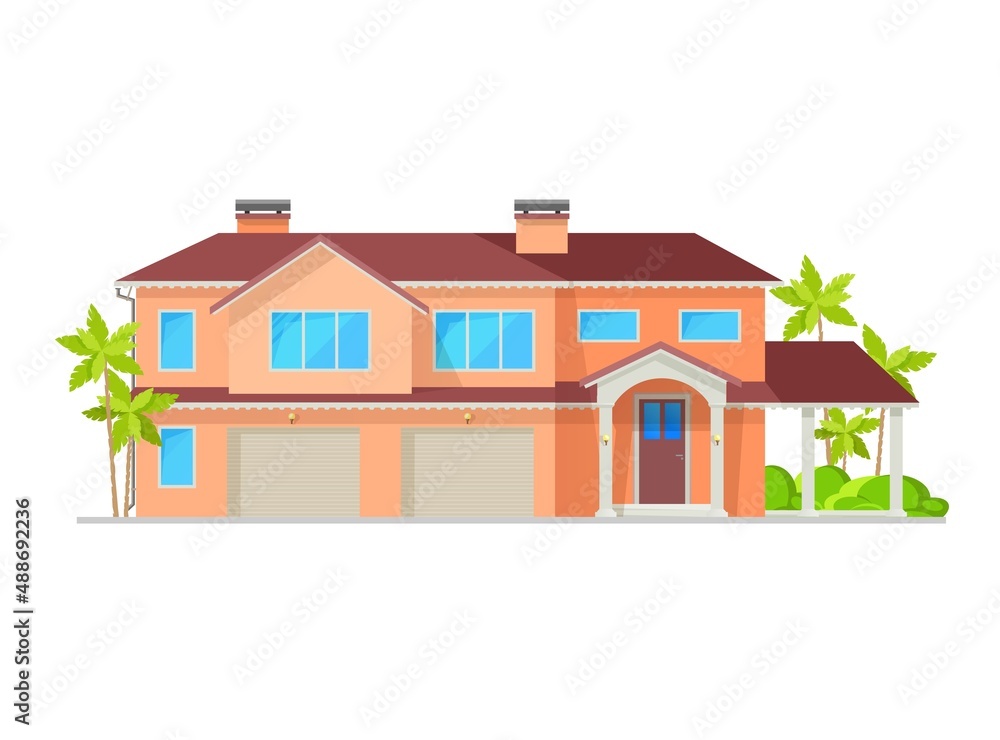 Modern suburban two story house building with two garages, vector real estate. Residential property home, village cottage, family villa or mansion with chimneys, front door porch, terrace with canopy Modern suburban two story house building with two garages, vector real estate. Residential property home, village cottage, family villa or mansion with chimneys, front door porch, terrace with canopy