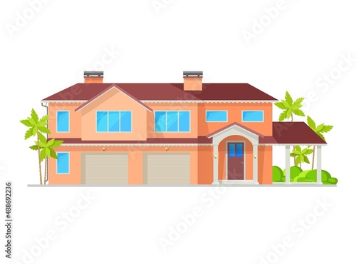 Modern suburban two story house building with two garages, vector real estate. Residential property home, village cottage, family villa or mansion with chimneys, front door porch, terrace with canopy