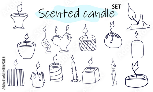 A set of scented candles with a burning fire. Candles for interior, lighting and romantic dates. Aromatherapy. Vector illustration in linear design on a white background.