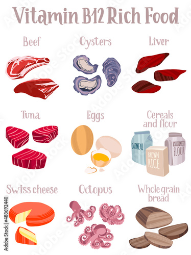Set of products containing a great amount of Vitamin B12. Cyanocobalamin rich food.
