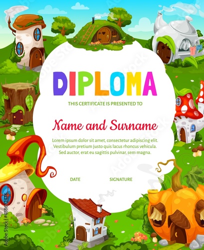 Cartoon fairytale houses of gnomes and elves, kids diploma or certificate award, vector. School or kindergarten education diploma certificate with fairy tale homes of pumpkin, teapot and wood stump