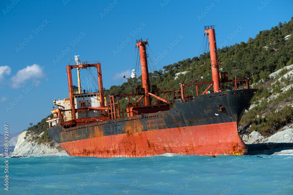bulk carrier washed ashore by a storm in the Black sea near novorossiysk