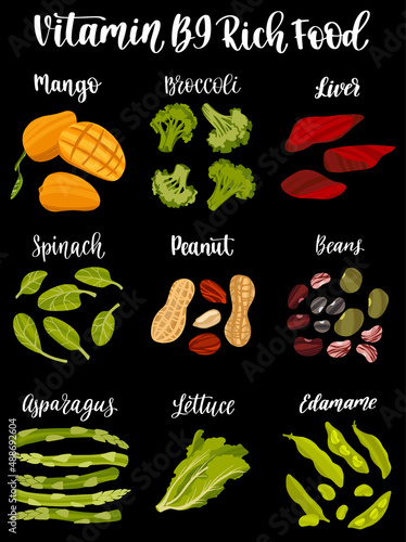 Set of products containing a great amount of Vitamin B9. Folates rich food.