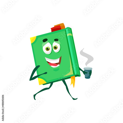 Textbook in green hardcover with bookmark isolated funny cartoon character with cup of coffee. Vector smiling fairytale book, textbook for kids and children, school or university library encyclopedia