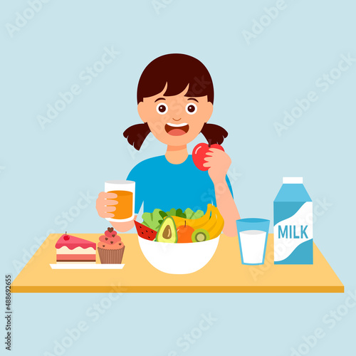 Girl kids eating fruits, sweet cake, some vegetables and drinking orange juice, milk in flat design. Children enjoy eating delicious meal for breakfast or lunch.