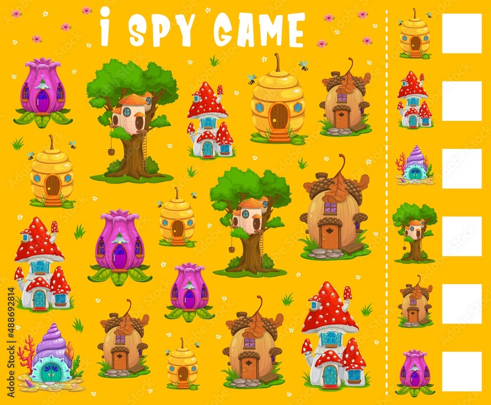 Fototapeta premium I spy kids game with counting fairy houses task. Children riddle with cartoon vector nest on tree, acorn and beehive, mushroom and flower fantasy dwellings. Child math puzzle