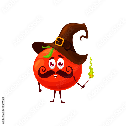 Cartoon tomato wizard or magician character. Funny vector vegetable wiz in witch hat and wand. Red ripe tomato sorcerer with mustaches on smiling face isolated on white