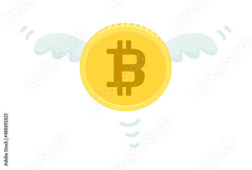 パタパタ飛んでいく羽の生えたビットコイン - 仮想通貨取引・損失のイメージ素材
