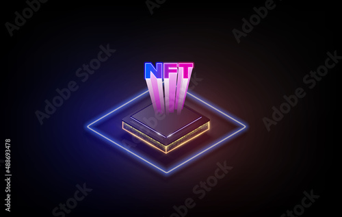 Token NFT text on CPU chip with digital circuit board background. Concept of NFT becomes more popular and well known. Product from crypto currency technology