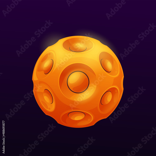 Cartoon yellow space plane with nucleus. Space alien home planet, fantasy game GUI moon or satellite icon with cavities, deep craters and domes. Galaxy extraterrestrial artificial world