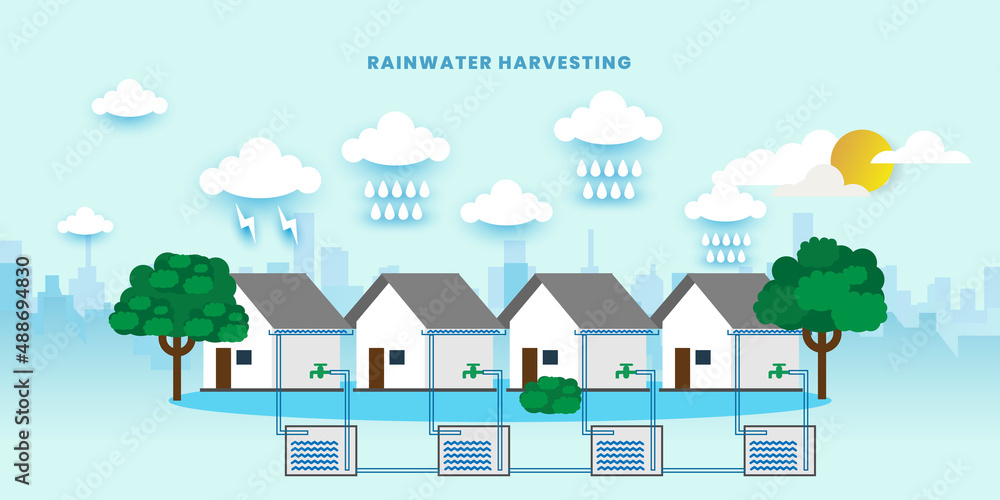 Rainwater harvesting, Solution to water crisis, vector concept, vector illustration
