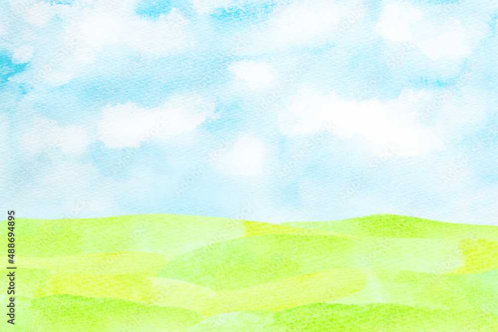 草原の風景　水彩画