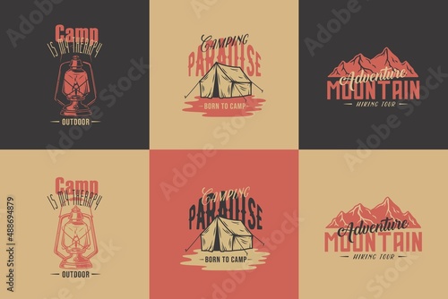 Camping tent and camp hiking gear, wild outdoor adventure emblems