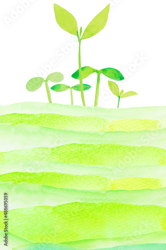 草原と若葉の水彩画
