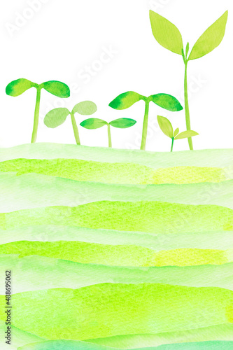 草原と若葉の水彩画