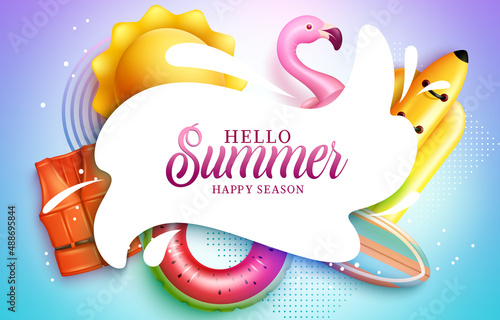 Summer vector template design. Hello summer text in white splash space with tropical floater and surfboard elements for fun holiday season messages. Vector illustration.

